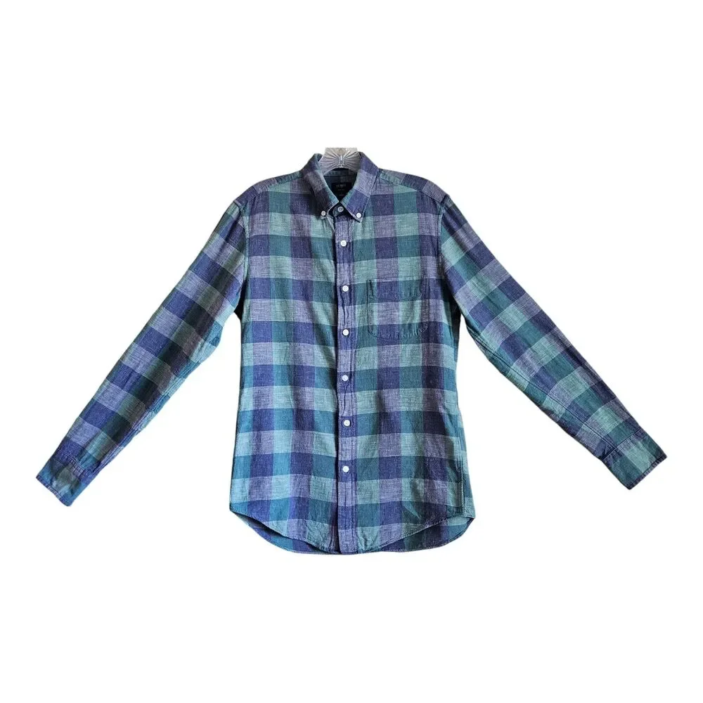 J. CREW Men's S Homespun Shirt Blue Green Check Button Up Long Sleeve Cotton